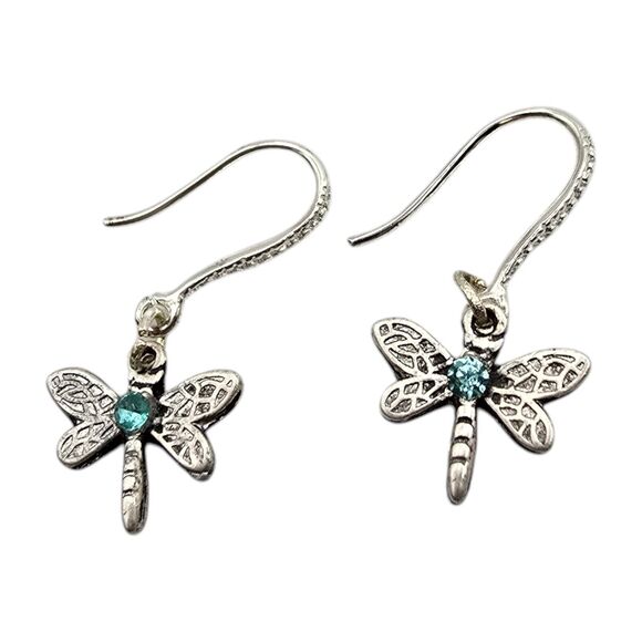 Pierced Earrings Dragonfly Charm Dangle Blue Rhinestones Silver Tone Minimalist - Picture 1 of 4